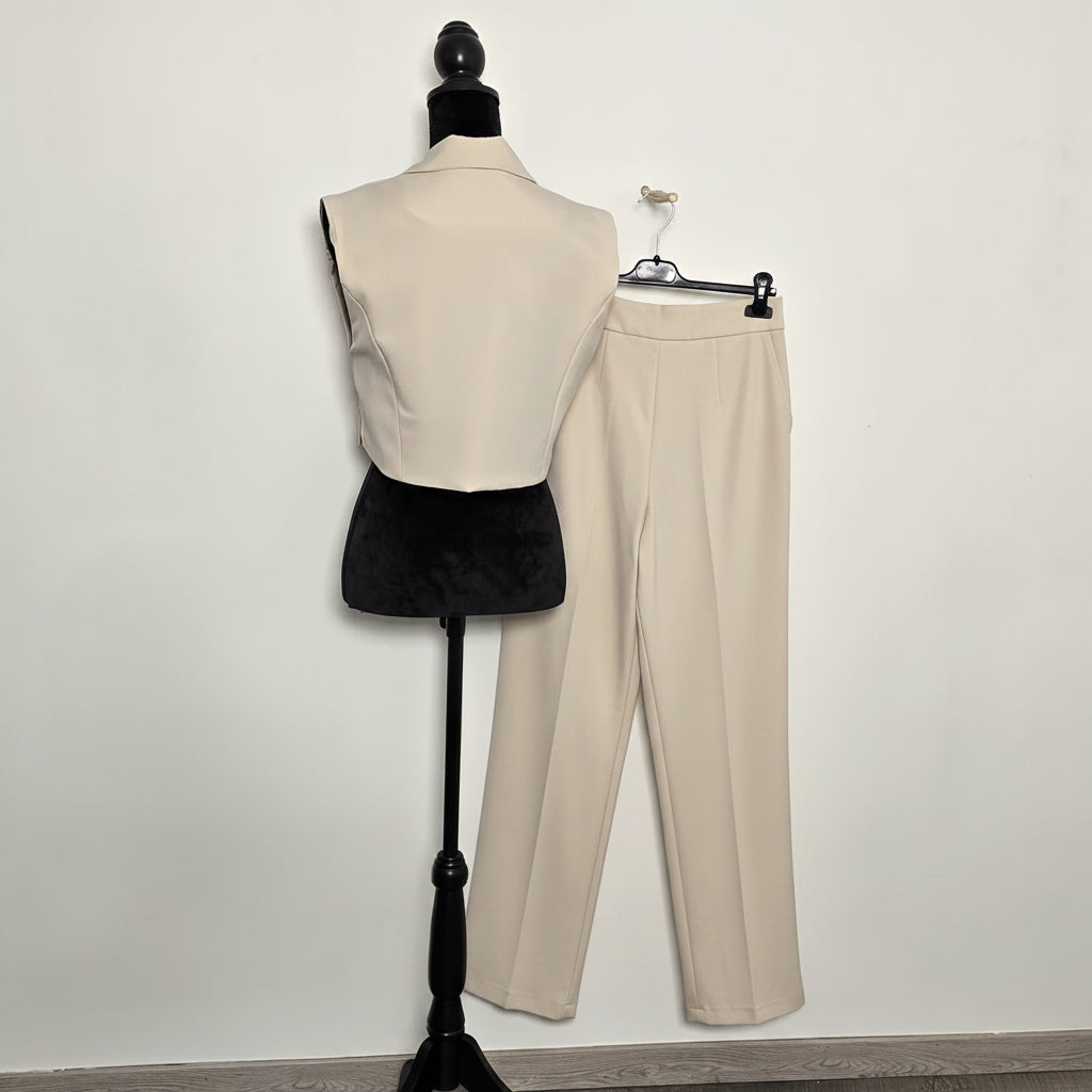 Ensemble Gilet Crop & Pantalon Large Beige - Élégance Fluide