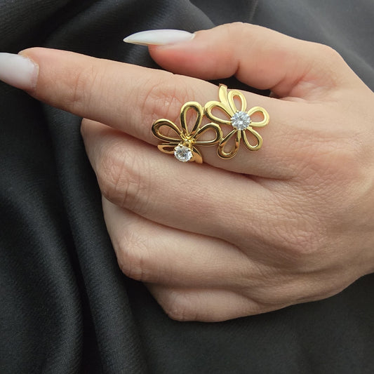 Bague Ajustable Ornement Double Fleurs à 5 Pétales Avec Strass Central