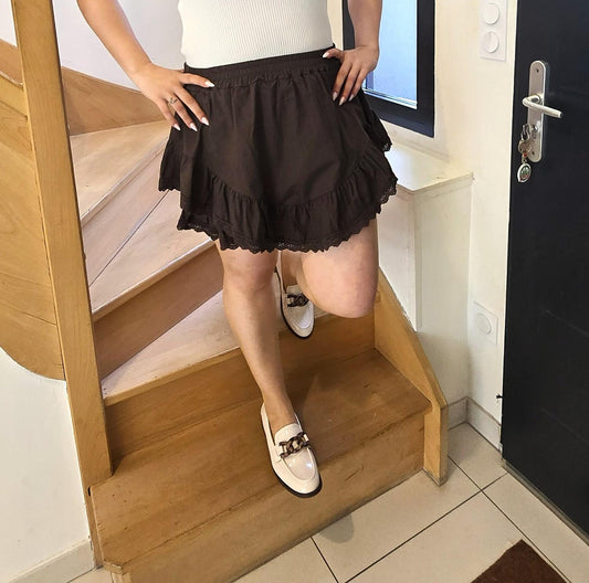 Jupe-short Volantée en Coton – Chocolat Intense
