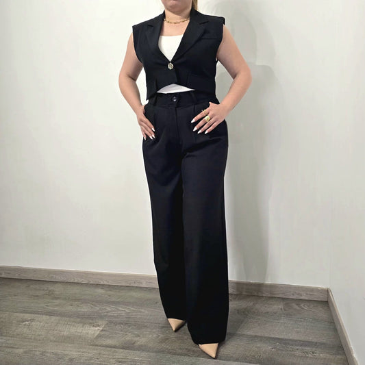 Ensemble Gilet Crop & Pantalon Large Noir - Élégance Fluide
