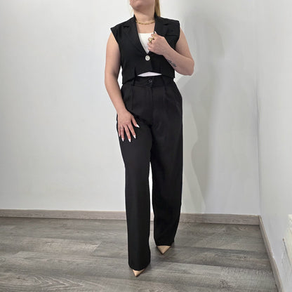 Ensemble Gilet Crop & Pantalon Large Noir - Élégance Fluide