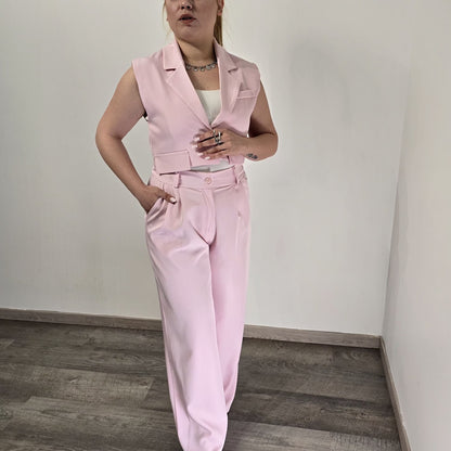 Ensemble Gilet Crop & Pantalon Large Rose Bébé - Douceur Moderne
