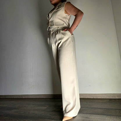 Ensemble Gilet Crop & Pantalon Large Beige - Élégance Fluide
