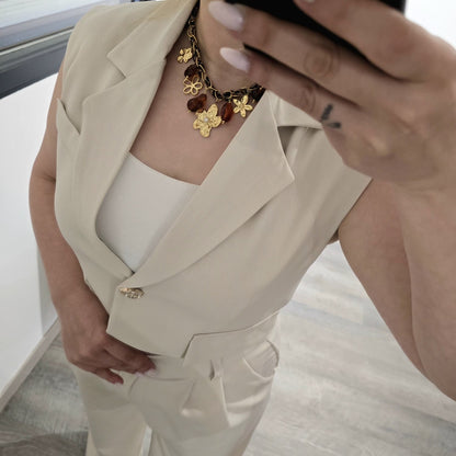 Ensemble Gilet Crop & Pantalon Large Beige - Élégance Fluide