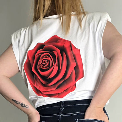 T-shirt à Épaulettes avec Détail Rose au Dos - Blanc