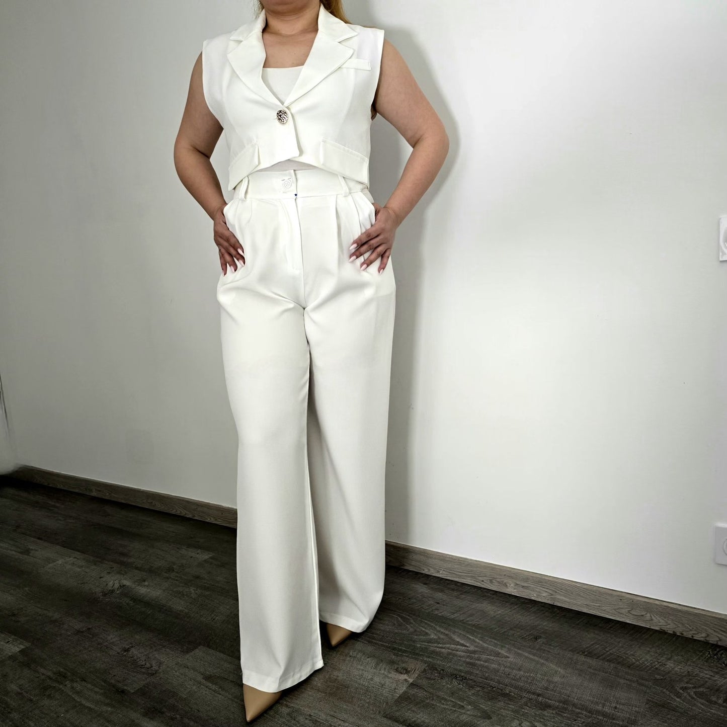 Ensemble Gilet Crop & Pantalon Large Blanc - Lumière Pur