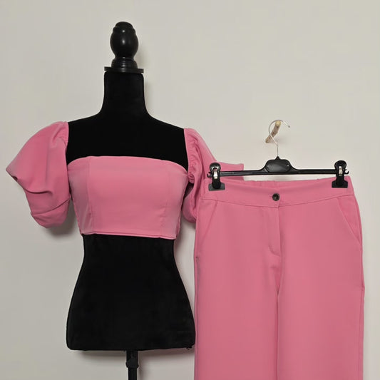 Ensemble Crop Top Manches Bouffantes & Pantalon Large Rose - Éclat de Rose