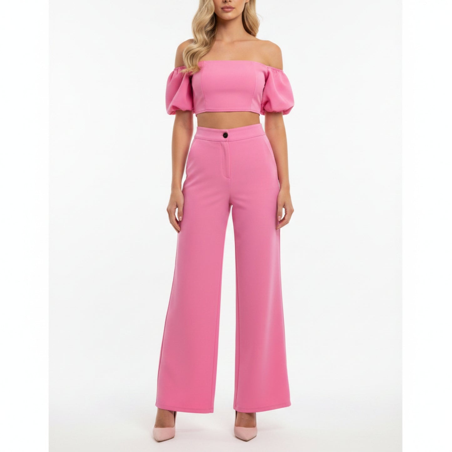 Ensemble Crop Top Manches Bouffantes & Pantalon Large Rose - Éclat de Rose