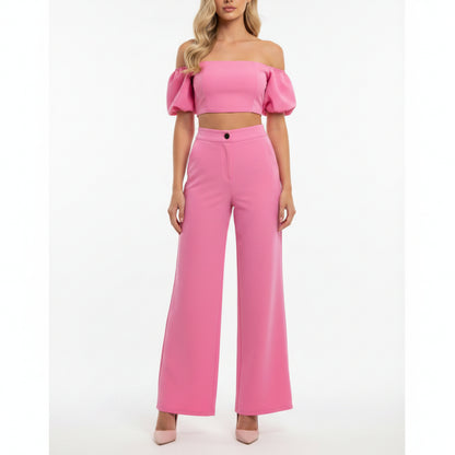 Ensemble Crop Top Manches Bouffantes & Pantalon Large Rose - Éclat de Rose
