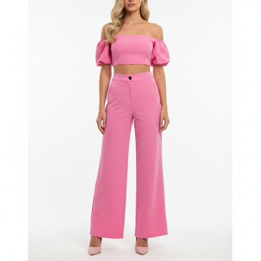 Ensemble Crop Top Manches Bouffantes & Pantalon Large Rose - Éclat de Rose