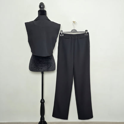 Ensemble Gilet Crop & Pantalon Large Noir - Élégance Fluide