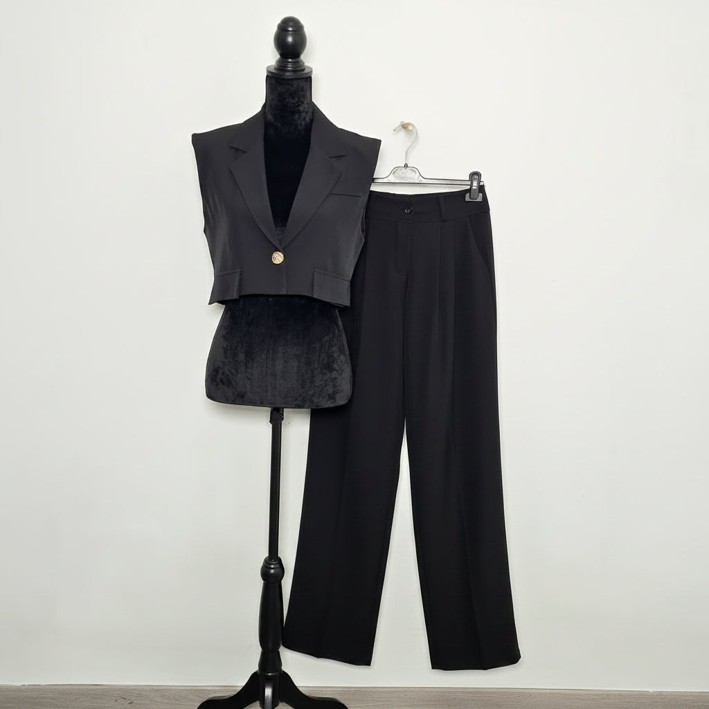 Ensemble Gilet Crop & Pantalon Large Noir - Élégance Fluide