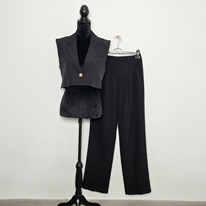 Ensemble Gilet Crop & Pantalon Large Noir - Élégance Fluide