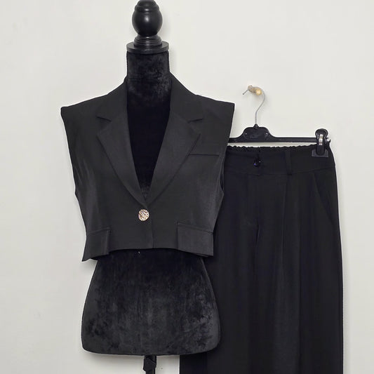 Ensemble Gilet Crop & Pantalon Large Noir - Élégance Fluide