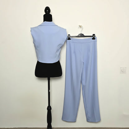 Ensemble Gilet Crop & Pantalon Large Bleu Ciel