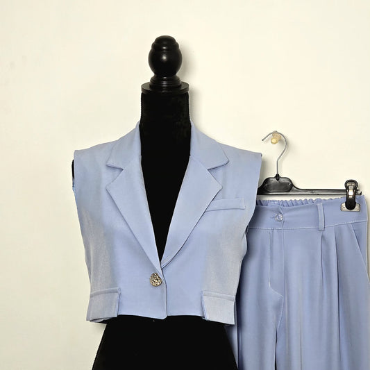 Ensemble Gilet Crop & Pantalon Large Bleu Ciel