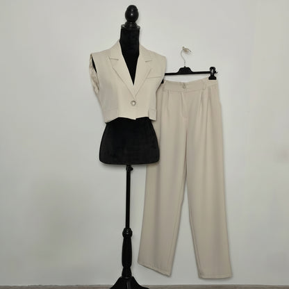 Ensemble Gilet Crop & Pantalon Large Beige - Élégance Fluide
