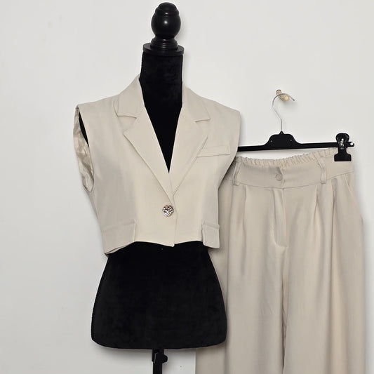 Ensemble Gilet Crop & Pantalon Large Beige - Élégance Fluide