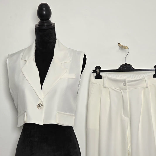 Ensemble Gilet Crop & Pantalon Large Blanc - Lumière Pur