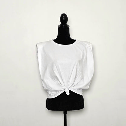 T-shirt à Épaulettes avec Détail Rose au Dos - Blanc