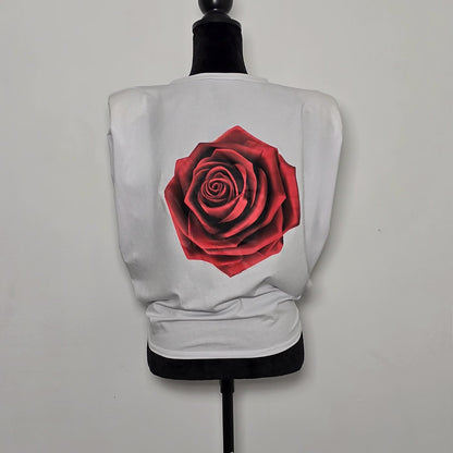 T-shirt à Épaulettes avec Détail Rose au Dos - Blanc