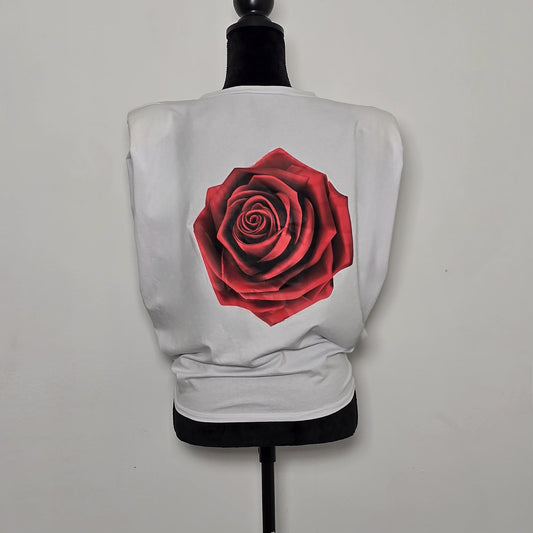 T-shirt à Épaulettes avec Détail Rose au Dos - Blanc