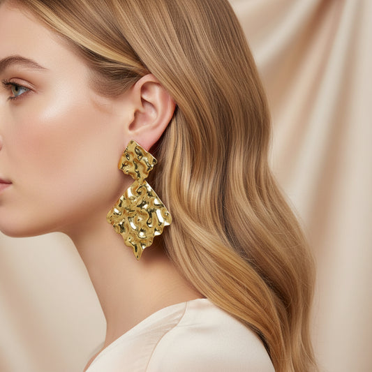 Boucles d'Oreilles Double Plaques Losanges Froissées