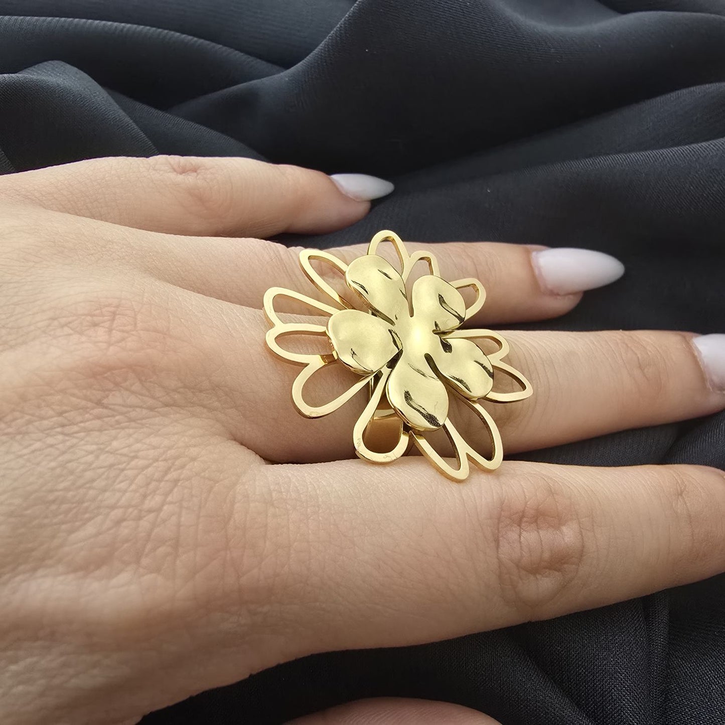 Bague Fleur Et Trèfle Ajustable - Doré