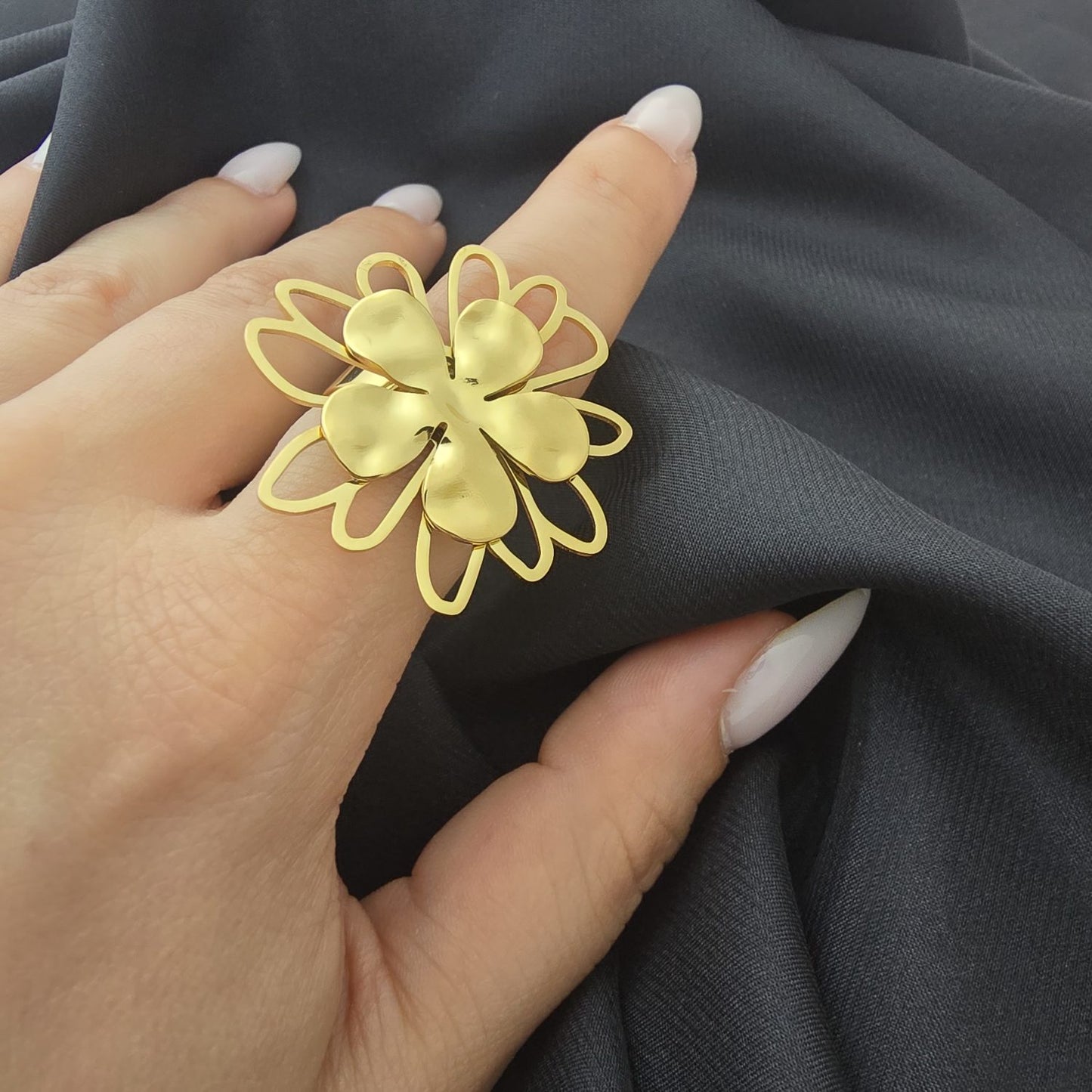 Bague Fleur Et Trèfle Ajustable - Doré