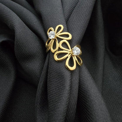 Bague Ajustable Ornement Double Fleurs à 5 Pétales Avec Strass Central