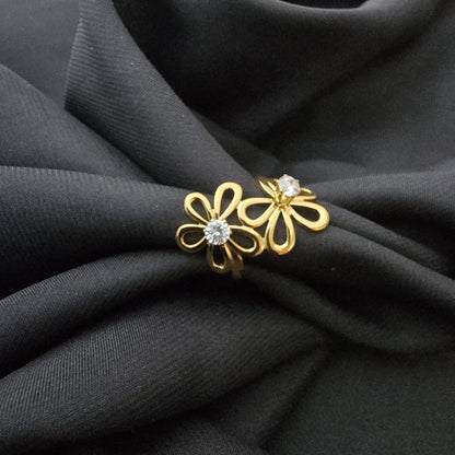 Bague Ajustable Ornement Double Fleurs à 5 Pétales Avec Strass Central