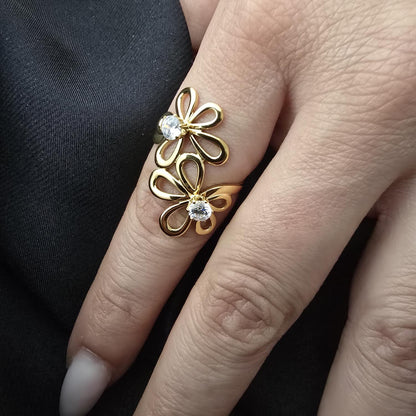 Bague Ajustable Ornement Double Fleurs à 5 Pétales Avec Strass Central