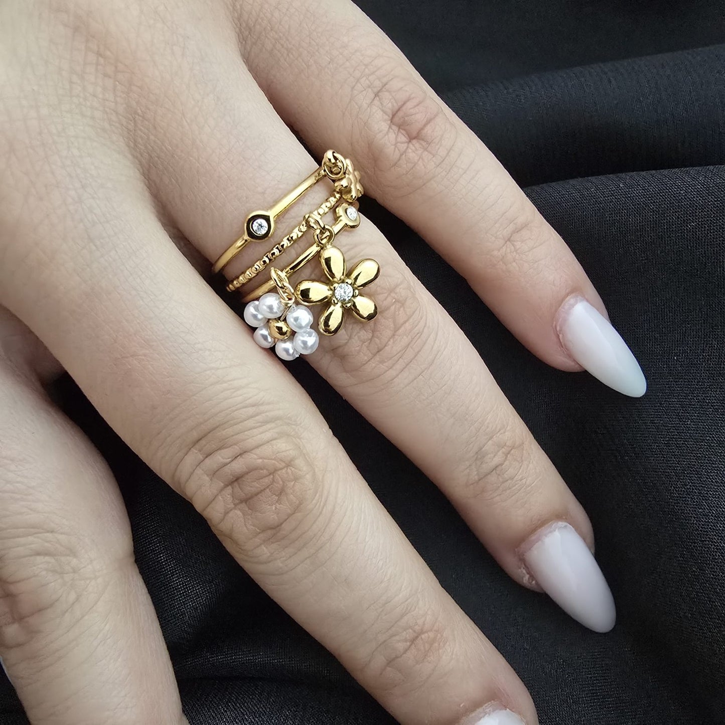 Bague Ajustable Multi-Rangs à Fleurs Pendantes - Doré