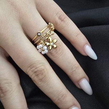 Bague Ajustable Multi-Rangs à Fleurs Pendantes - Doré