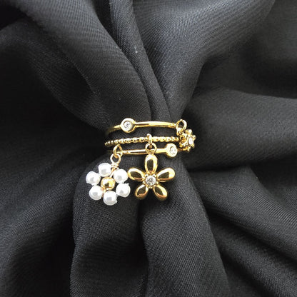 Bague Ajustable Multi-Rangs à Fleurs Pendantes - Doré