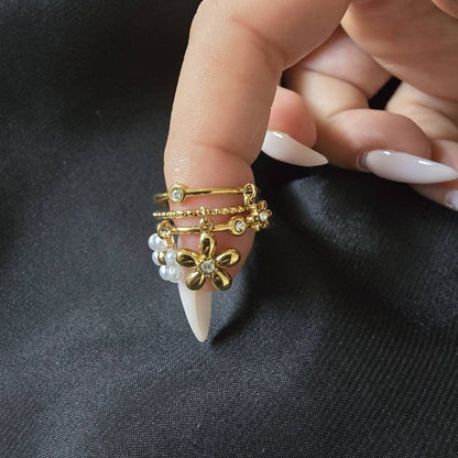 Bague Ajustable Multi-Rangs à Fleurs Pendantes - Doré