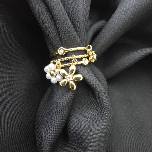 Bague Ajustable Multi-Rangs à Fleurs Pendantes - Doré