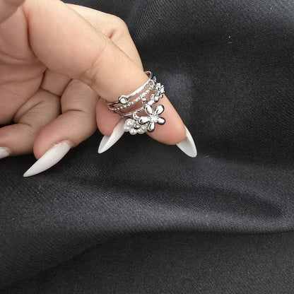 Bague Ajustable Multi-Rangs à Fleurs Pendantes - Argentée