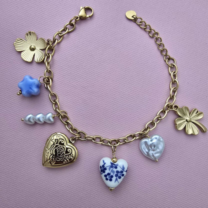 Bracelet Chaine Dorée Avec Breloques Cœur Porcelaine Bleue