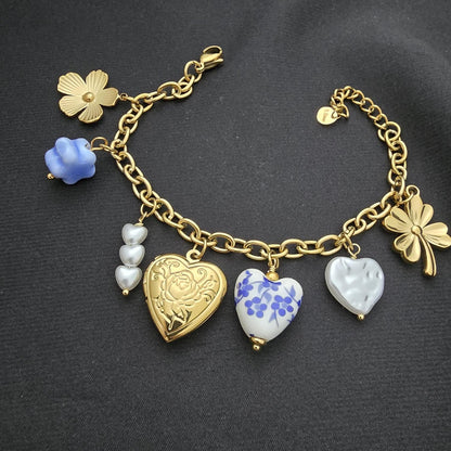 Bracelet Chaine Dorée Avec Breloques Cœur Porcelaine Bleue
