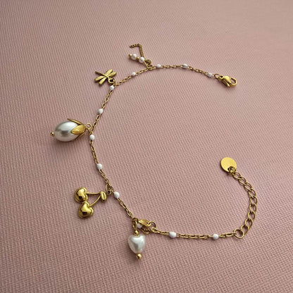 Bracelet Doré Emaillé Blanche et Breloques Perles et Cerise