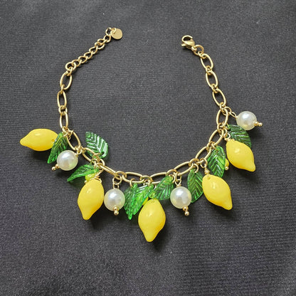 Bracelet Chaine Dorée Avec Citrons et Feuilles
