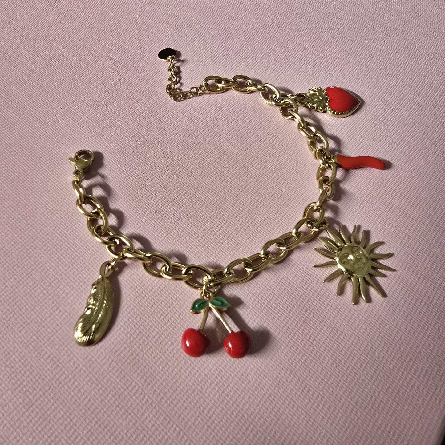 Bracelet Doré Breloques Soleil Fleur Piment Cœur Feuille