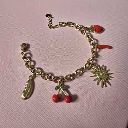 Bracelet Doré Breloques Soleil Fleur Piment Cœur Feuille
