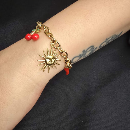 Bracelet Doré Breloques Soleil Fleur Piment Cœur Feuille