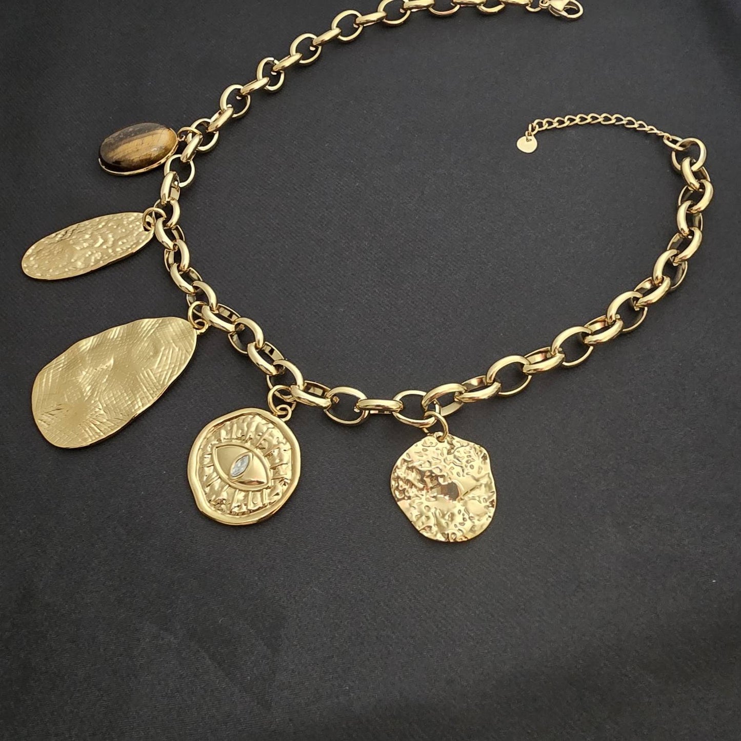Collier Chaine Dorée Grand Médaillons Martelés