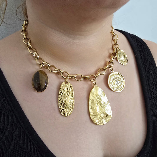 Collier Chaine Dorée Grand Médaillons Martelés
