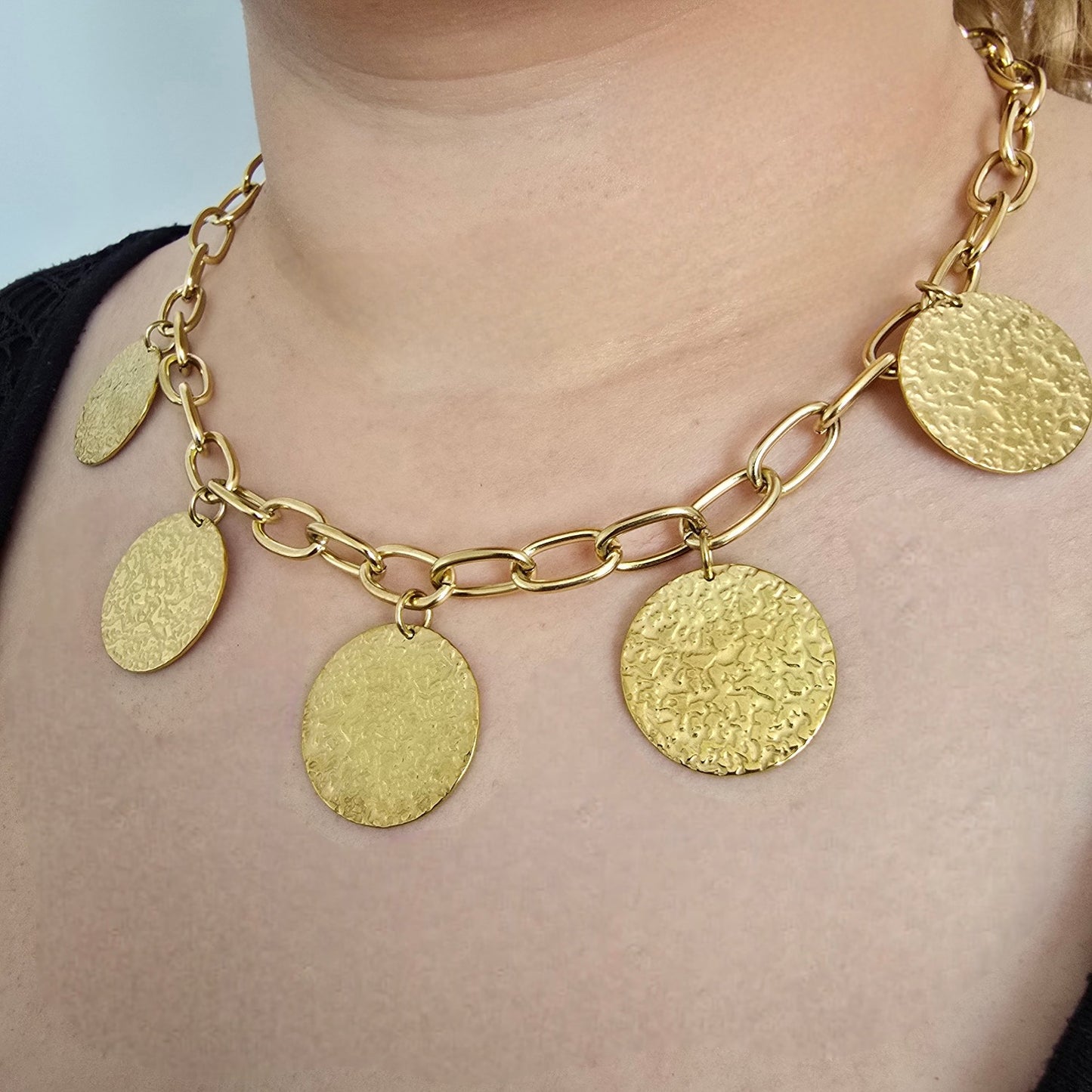 Collier Chaine Grands Médaillons Martelés