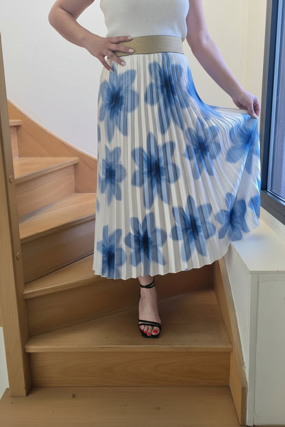 Jupe Plissée "Azur" – Imprimé Floral Artisanal & Viscose de Prestige Italienne