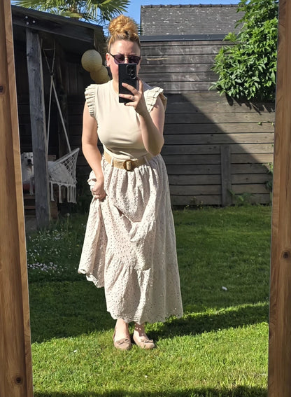 Jupe Longue "Ambre" – Beige Naturel & Broderie Anglaise